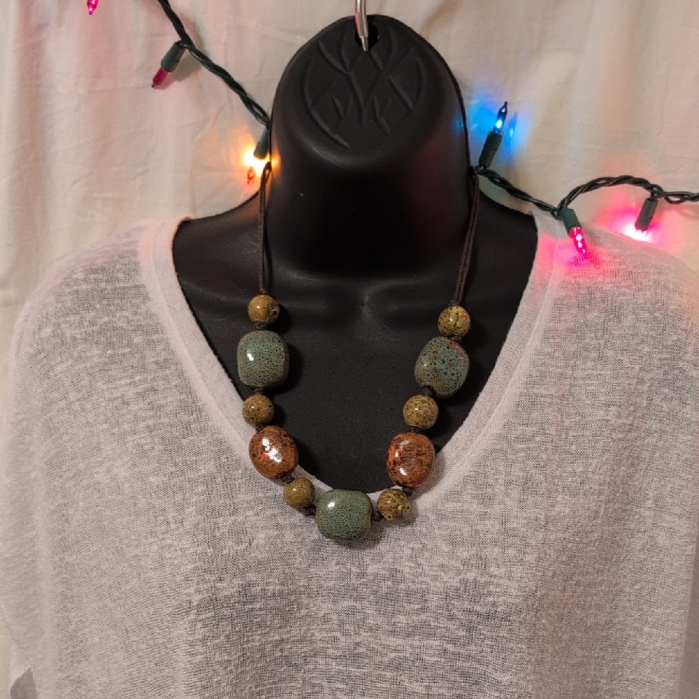 Artisanal Green Blue and Brown Ceramic Beaded Necklace - Picture 3 of 5